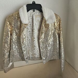 Sequin Gold Jacket with Faux Fur Collar